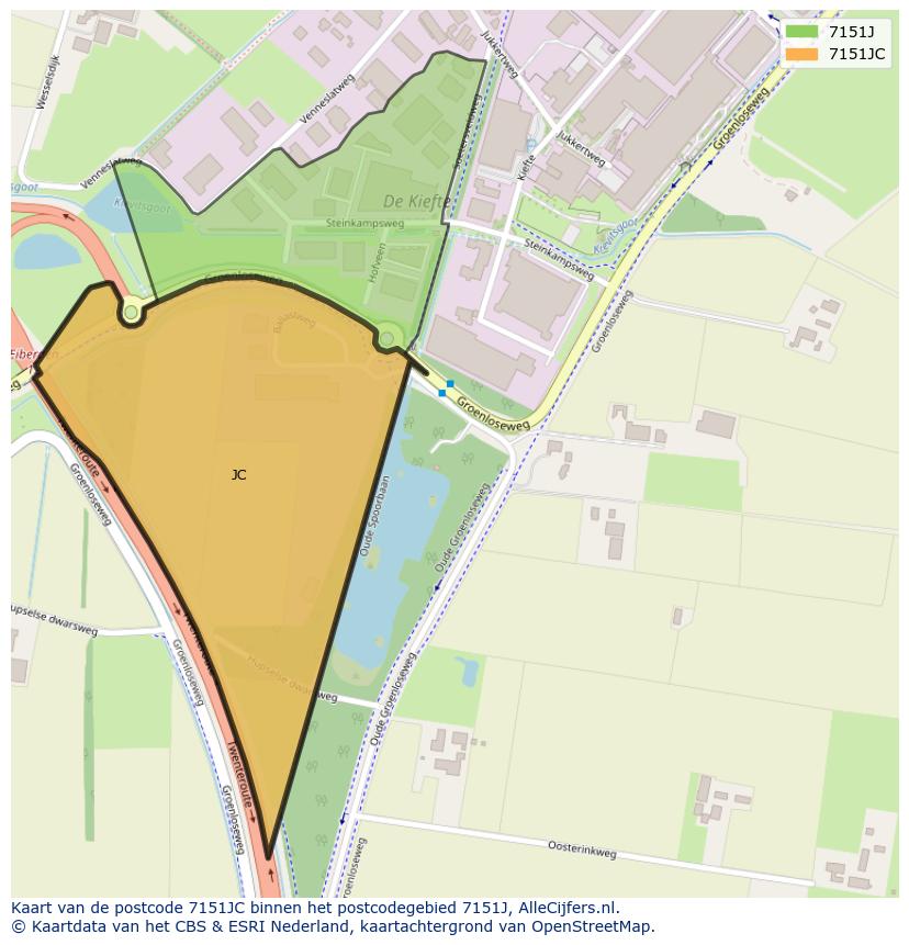 Afbeelding van het postcodegebied 7151 JC op de kaart.