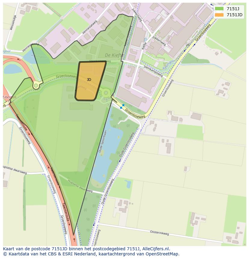 Afbeelding van het postcodegebied 7151 JD op de kaart.
