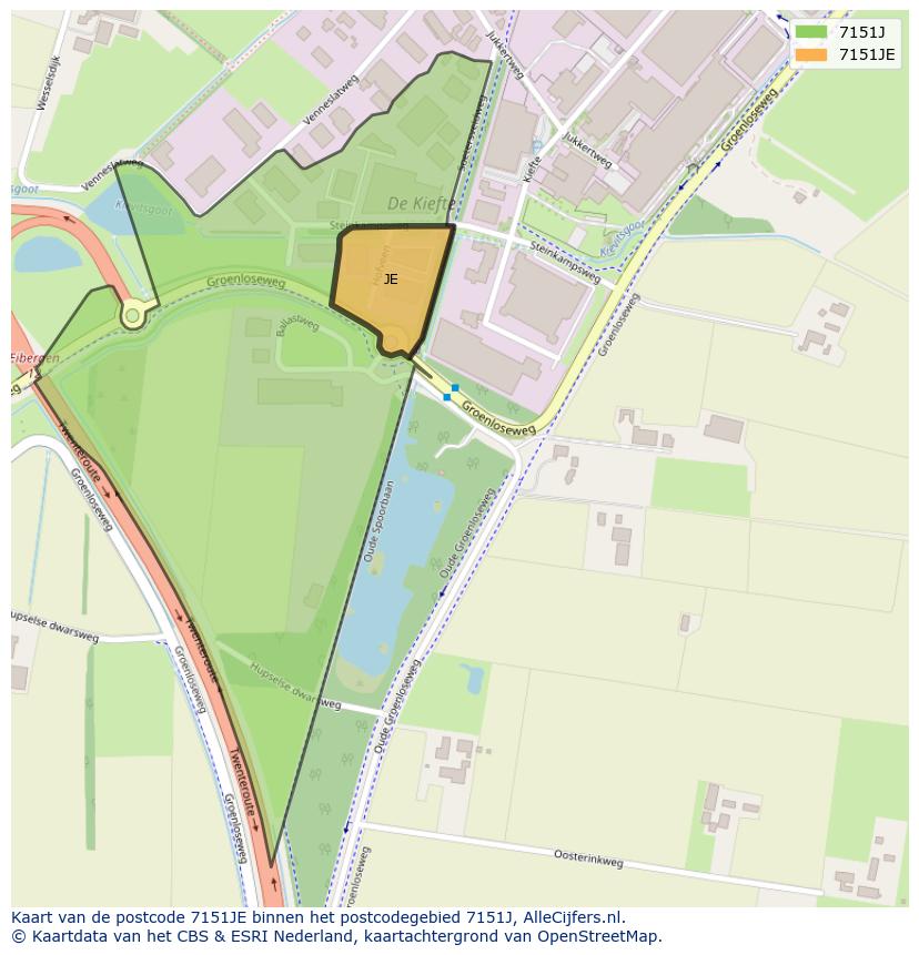 Afbeelding van het postcodegebied 7151 JE op de kaart.