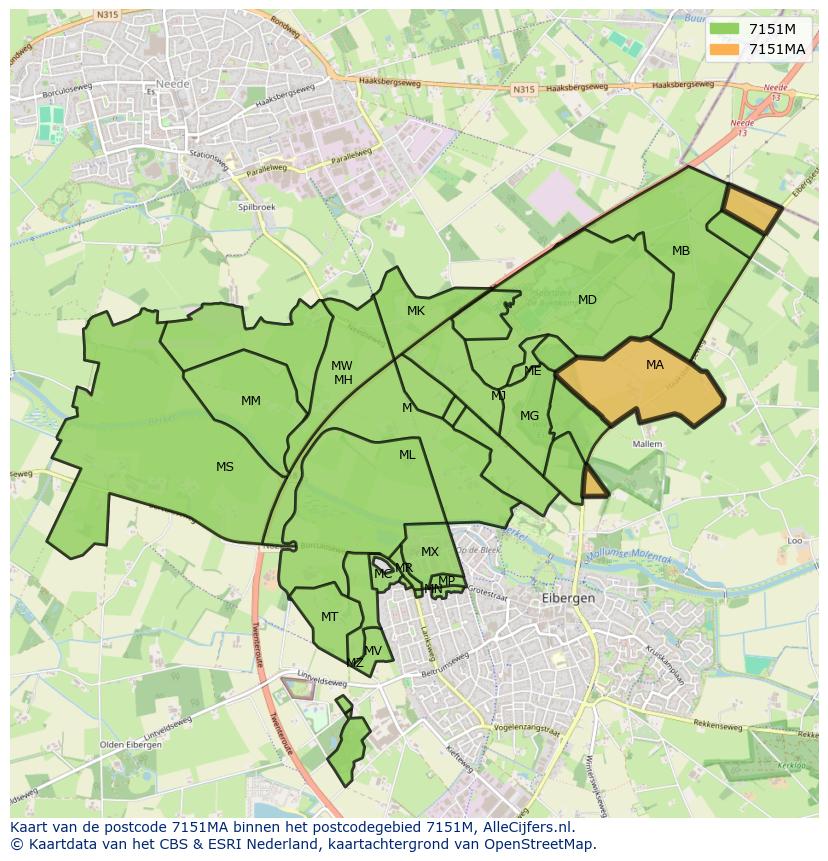 Afbeelding van het postcodegebied 7151 MA op de kaart.