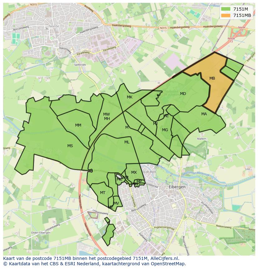 Afbeelding van het postcodegebied 7151 MB op de kaart.