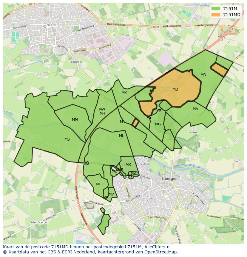 Afbeelding van het postcodegebied 7151 MD op de kaart.