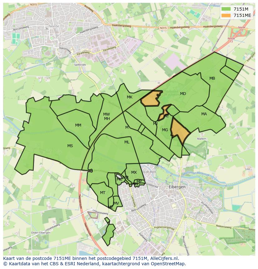 Afbeelding van het postcodegebied 7151 ME op de kaart.