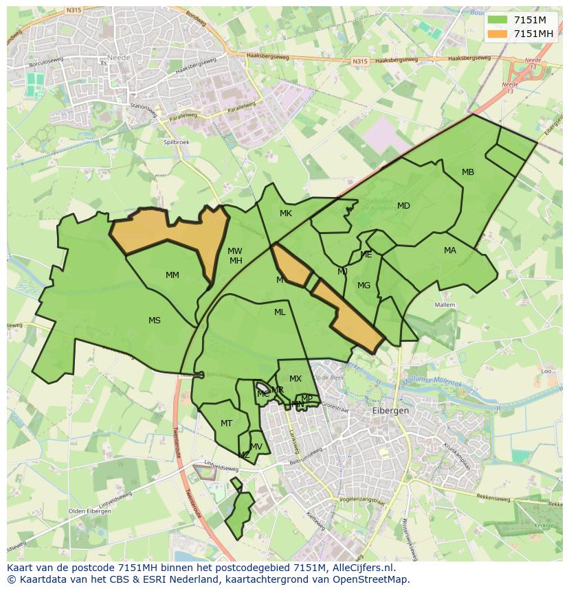 Afbeelding van het postcodegebied 7151 MH op de kaart.