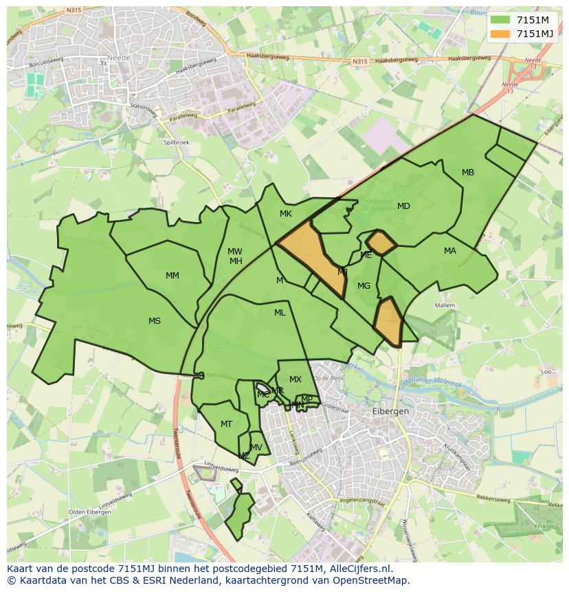 Afbeelding van het postcodegebied 7151 MJ op de kaart.