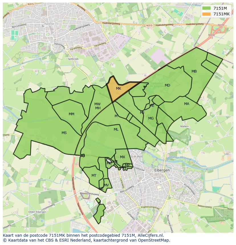 Afbeelding van het postcodegebied 7151 MK op de kaart.