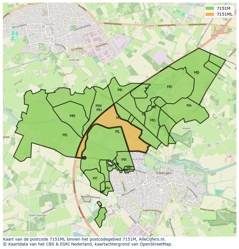 Afbeelding van het postcodegebied 7151 ML op de kaart.