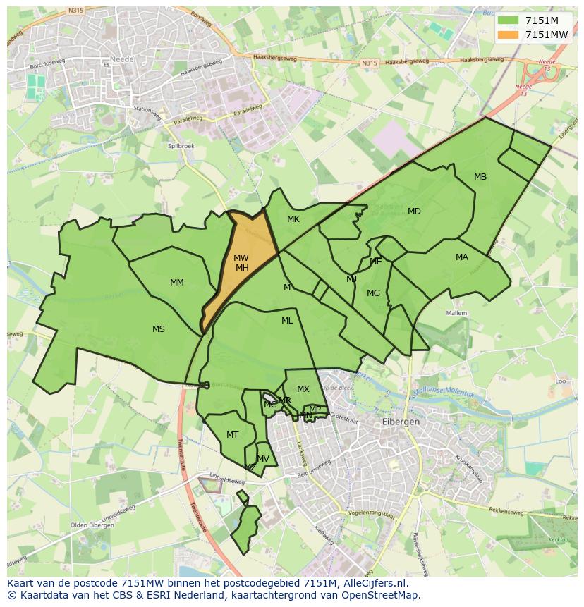 Afbeelding van het postcodegebied 7151 MW op de kaart.