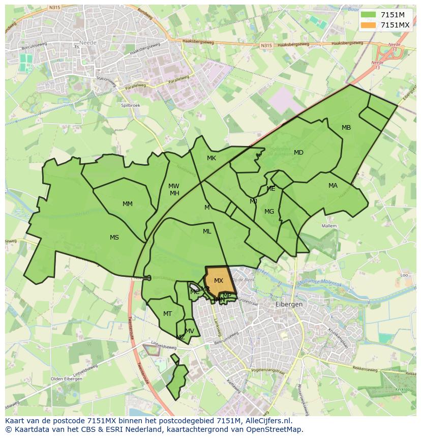 Afbeelding van het postcodegebied 7151 MX op de kaart.