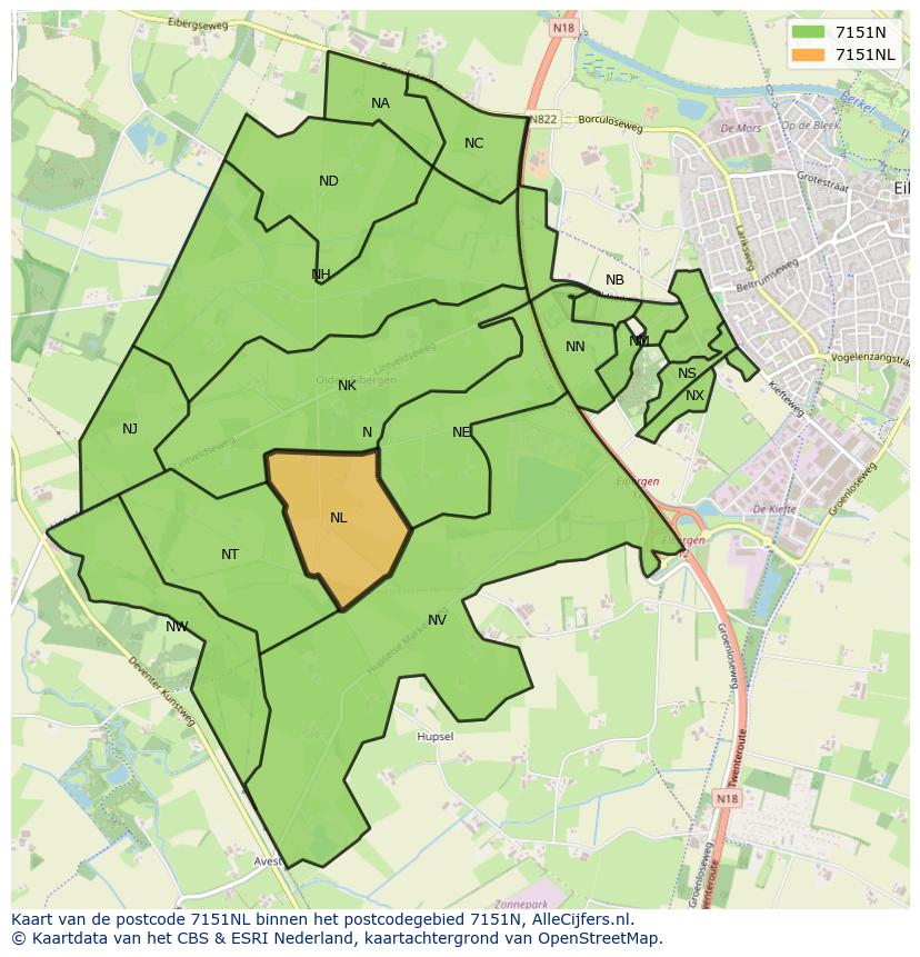 Afbeelding van het postcodegebied 7151 NL op de kaart.
