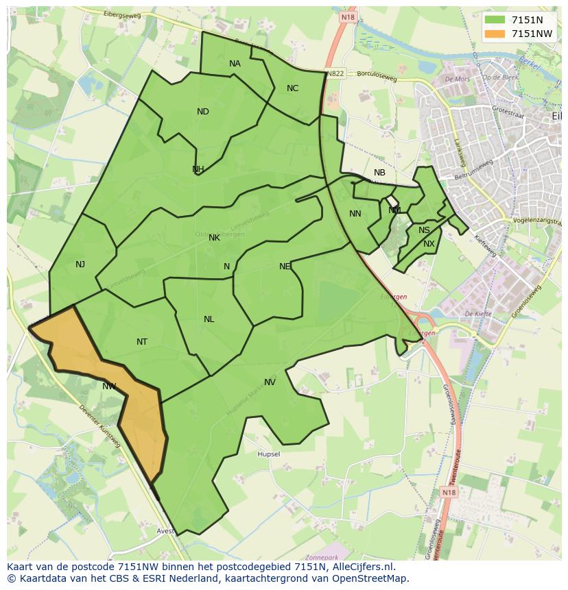 Afbeelding van het postcodegebied 7151 NW op de kaart.
