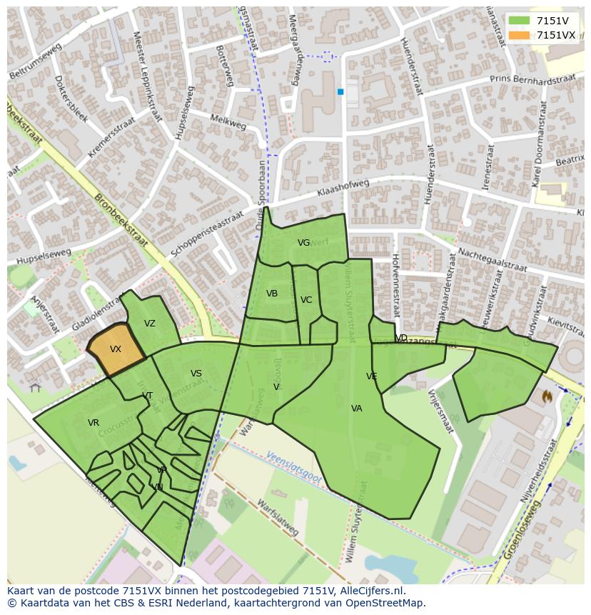 Afbeelding van het postcodegebied 7151 VX op de kaart.