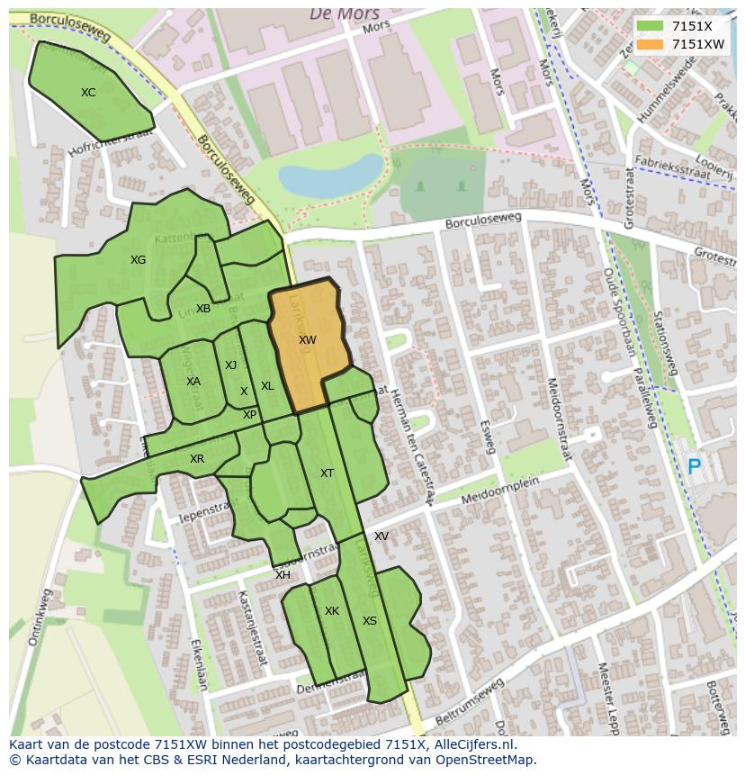 Afbeelding van het postcodegebied 7151 XW op de kaart.