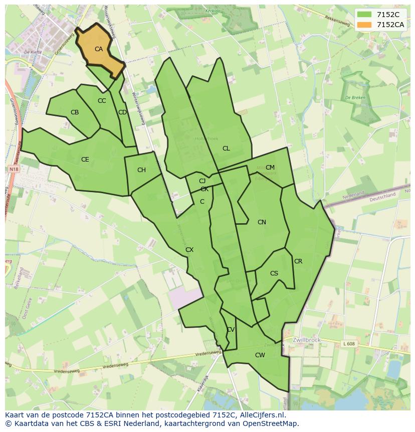 Afbeelding van het postcodegebied 7152 CA op de kaart.