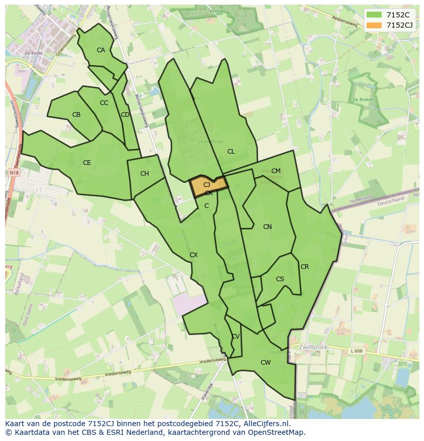 Afbeelding van het postcodegebied 7152 CJ op de kaart.