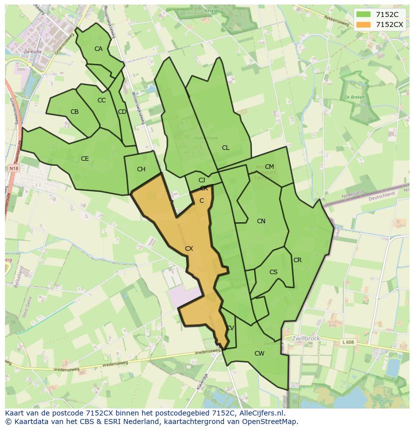 Afbeelding van het postcodegebied 7152 CX op de kaart.