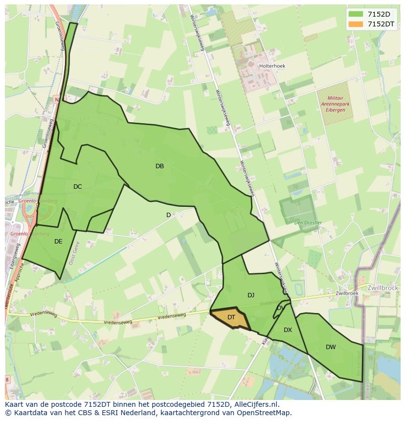 Afbeelding van het postcodegebied 7152 DT op de kaart.