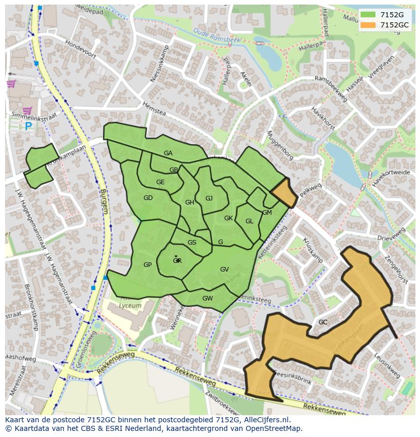 Afbeelding van het postcodegebied 7152 GC op de kaart.