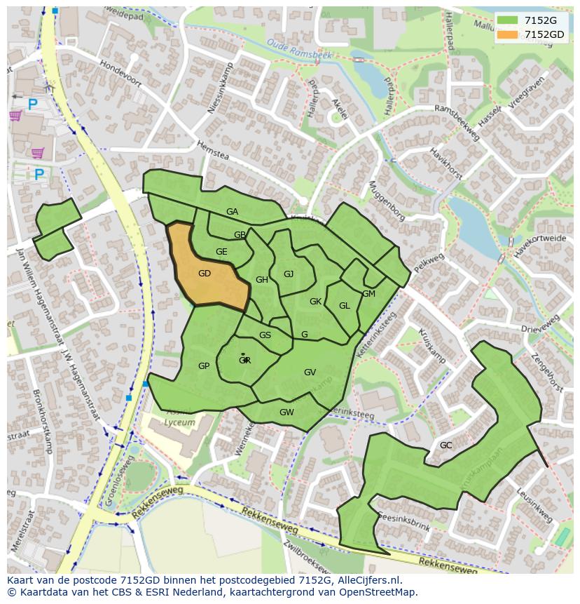 Afbeelding van het postcodegebied 7152 GD op de kaart.