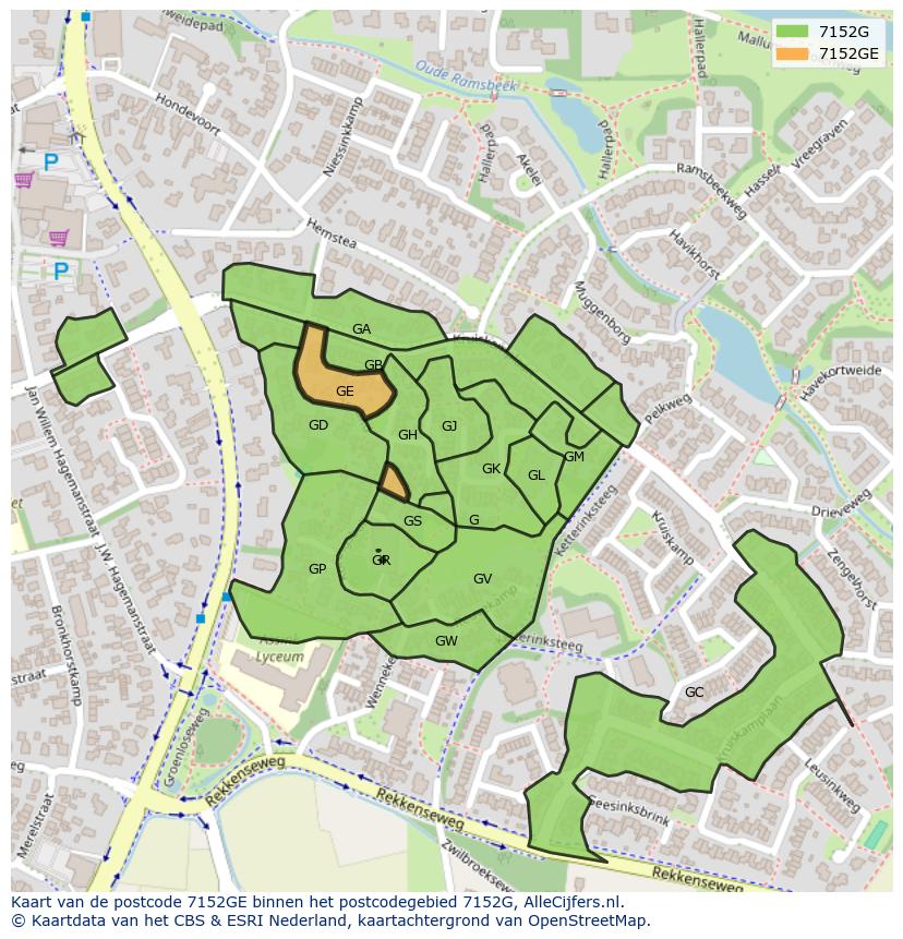Afbeelding van het postcodegebied 7152 GE op de kaart.