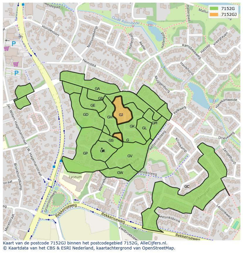 Afbeelding van het postcodegebied 7152 GJ op de kaart.