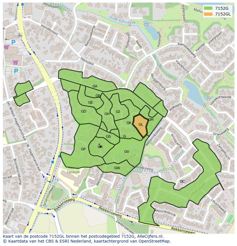 Afbeelding van het postcodegebied 7152 GL op de kaart.