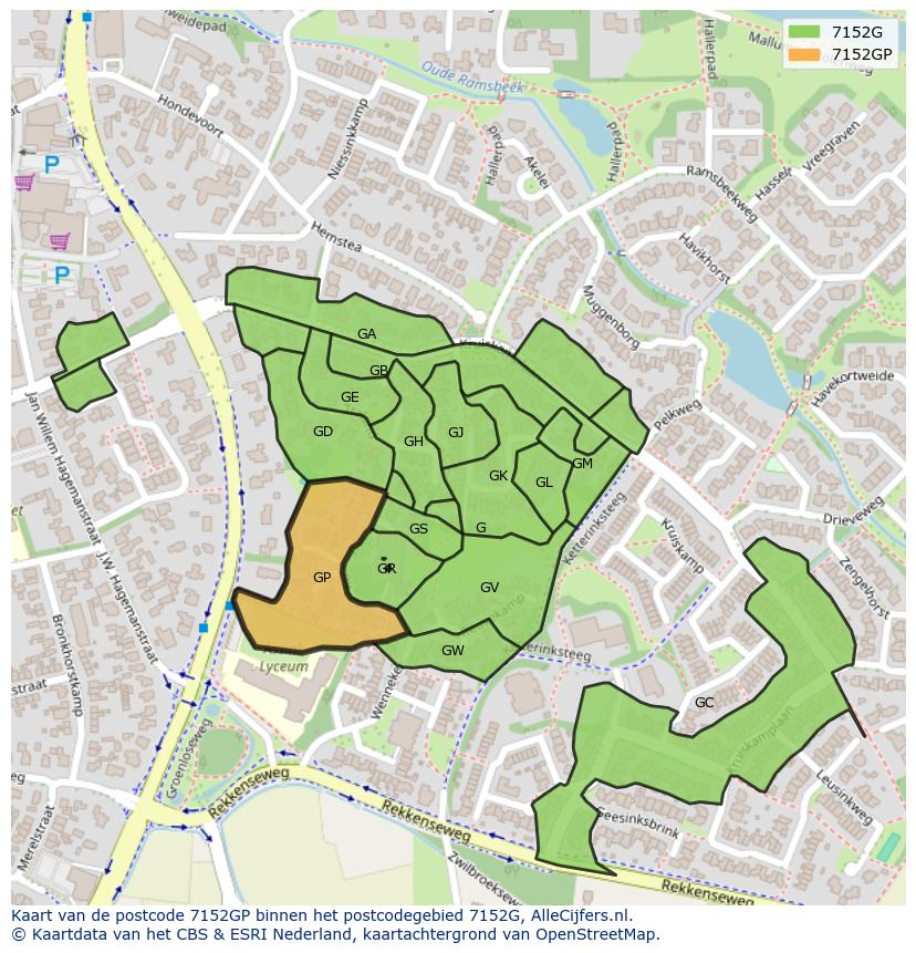 Afbeelding van het postcodegebied 7152 GP op de kaart.