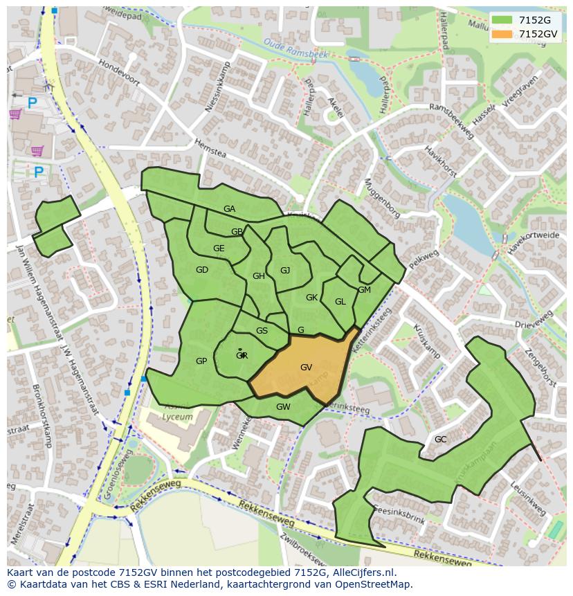 Afbeelding van het postcodegebied 7152 GV op de kaart.