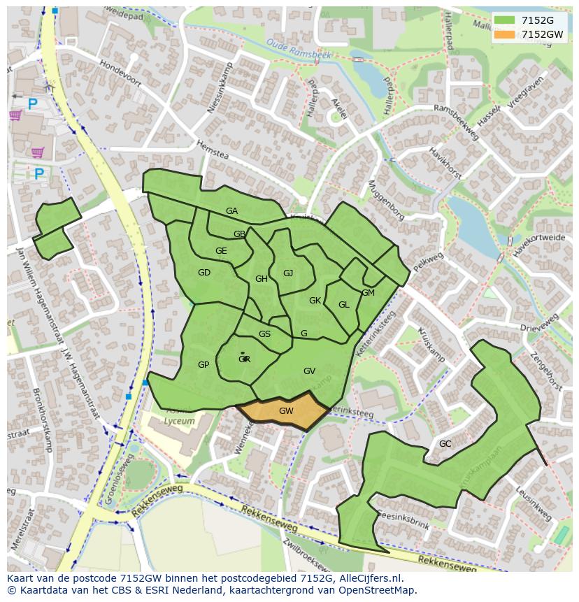 Afbeelding van het postcodegebied 7152 GW op de kaart.