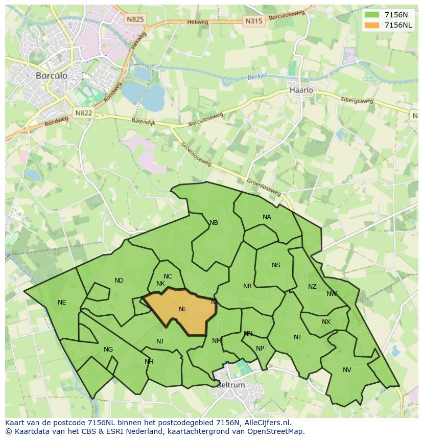 Afbeelding van het postcodegebied 7156 NL op de kaart.