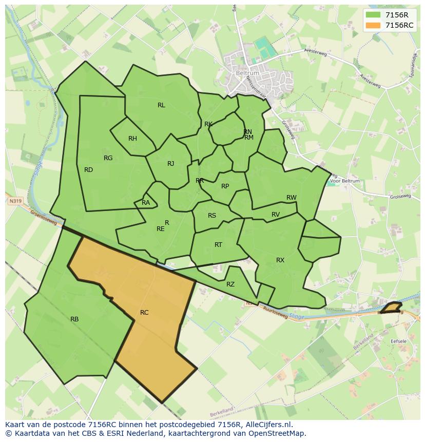 Afbeelding van het postcodegebied 7156 RC op de kaart.