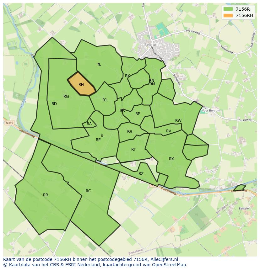 Afbeelding van het postcodegebied 7156 RH op de kaart.