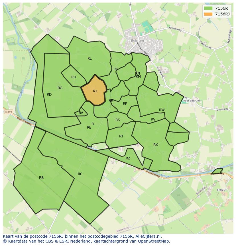 Afbeelding van het postcodegebied 7156 RJ op de kaart.