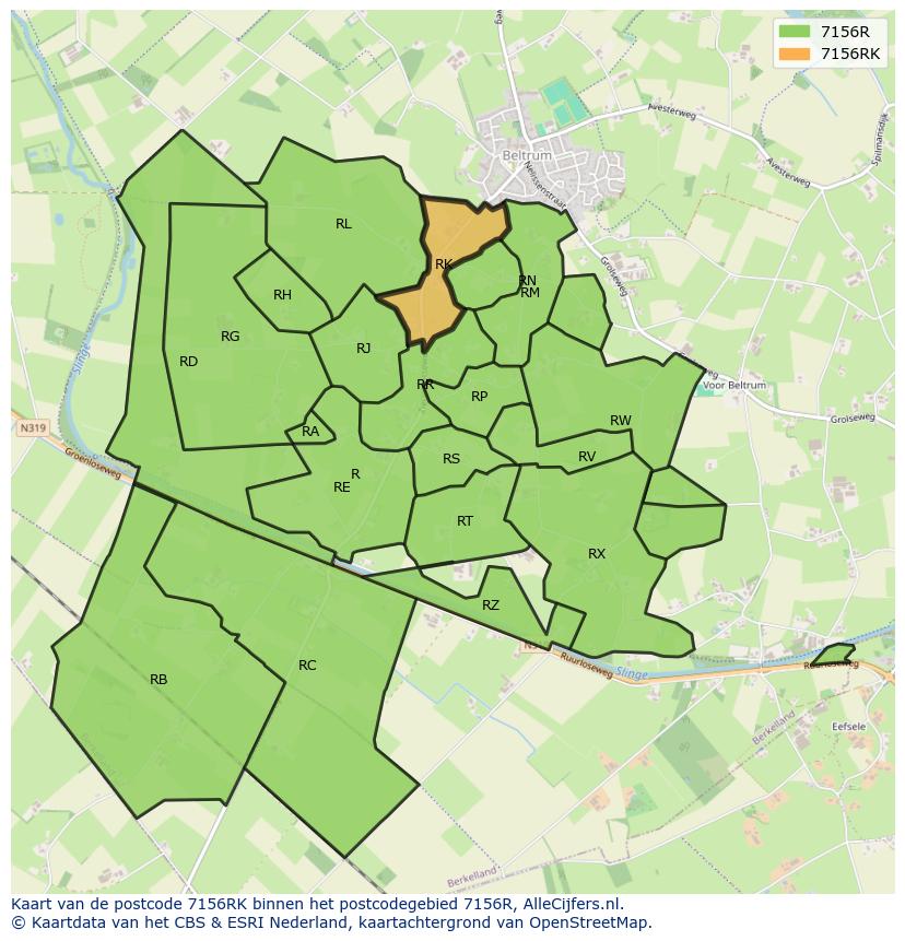 Afbeelding van het postcodegebied 7156 RK op de kaart.