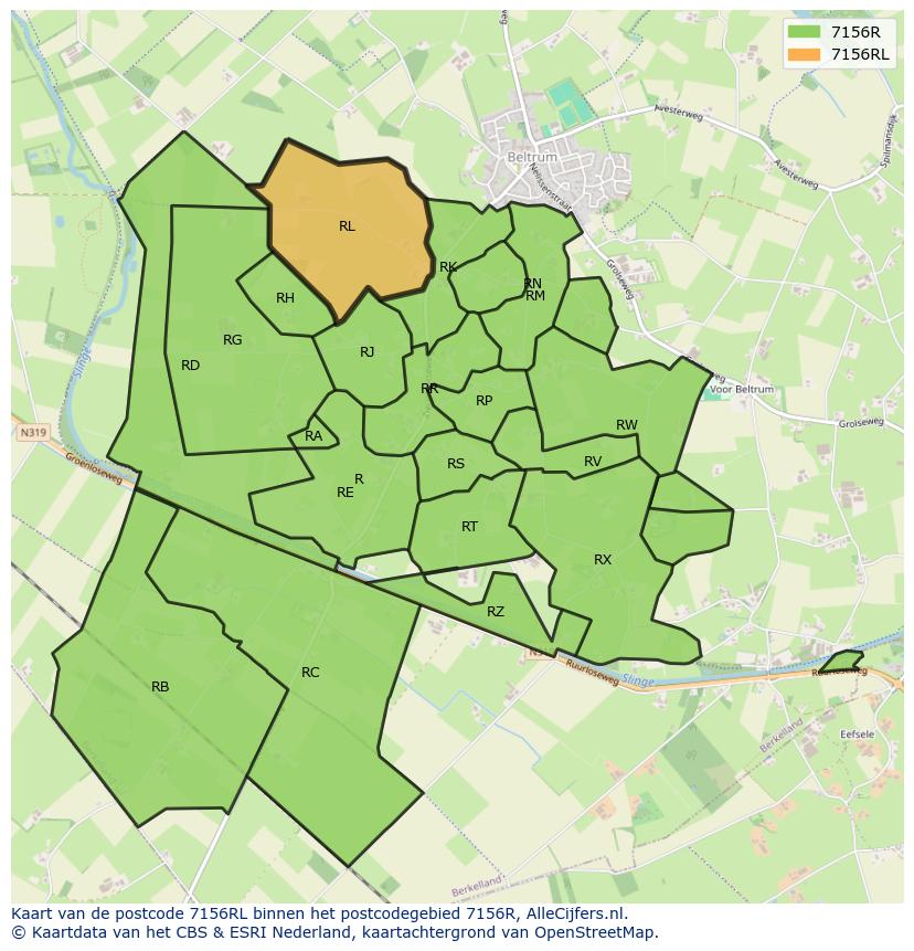 Afbeelding van het postcodegebied 7156 RL op de kaart.