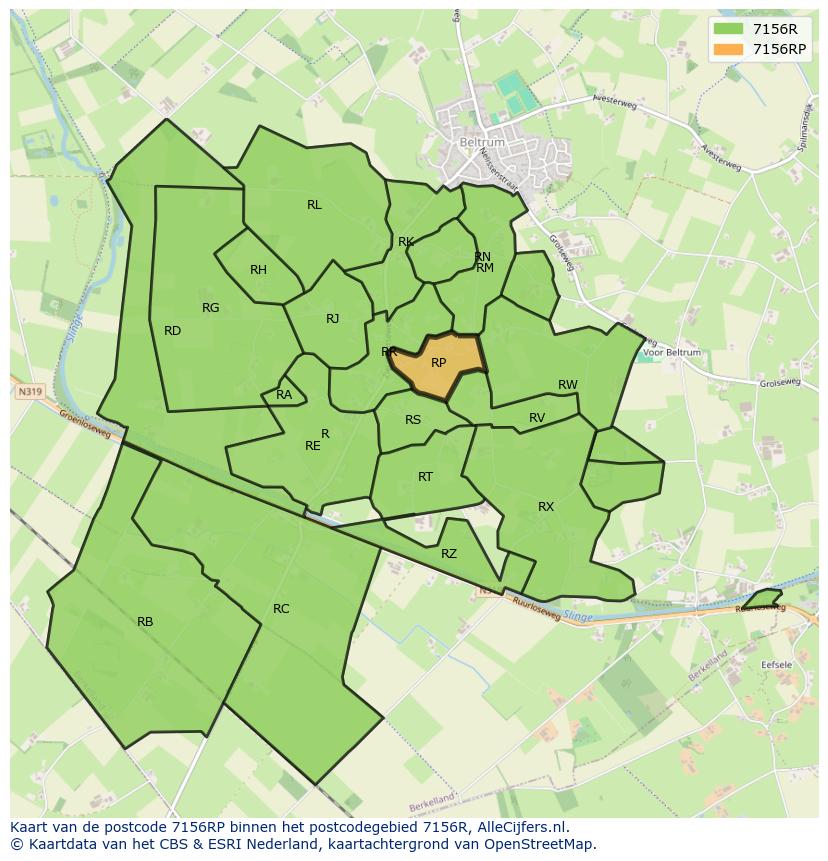 Afbeelding van het postcodegebied 7156 RP op de kaart.