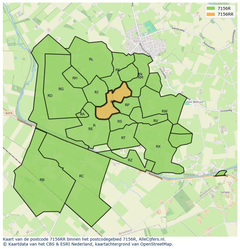 Afbeelding van het postcodegebied 7156 RR op de kaart.