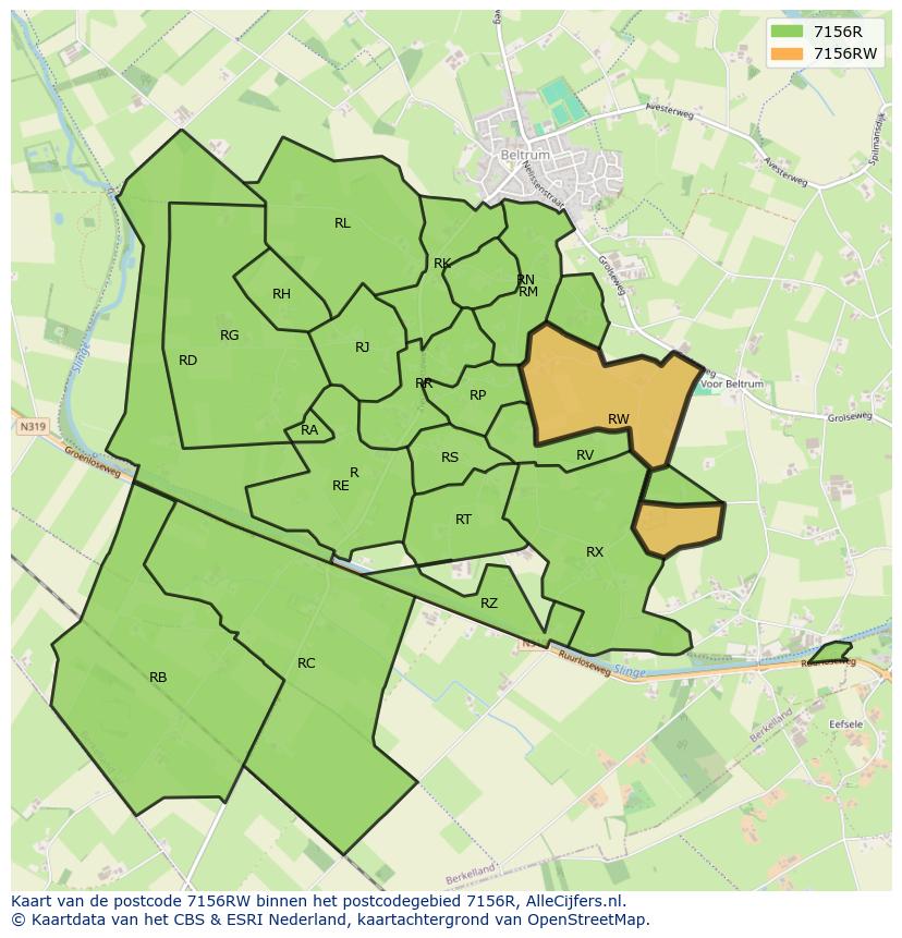 Afbeelding van het postcodegebied 7156 RW op de kaart.