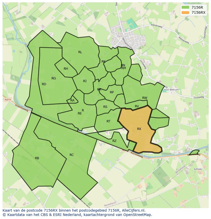 Afbeelding van het postcodegebied 7156 RX op de kaart.