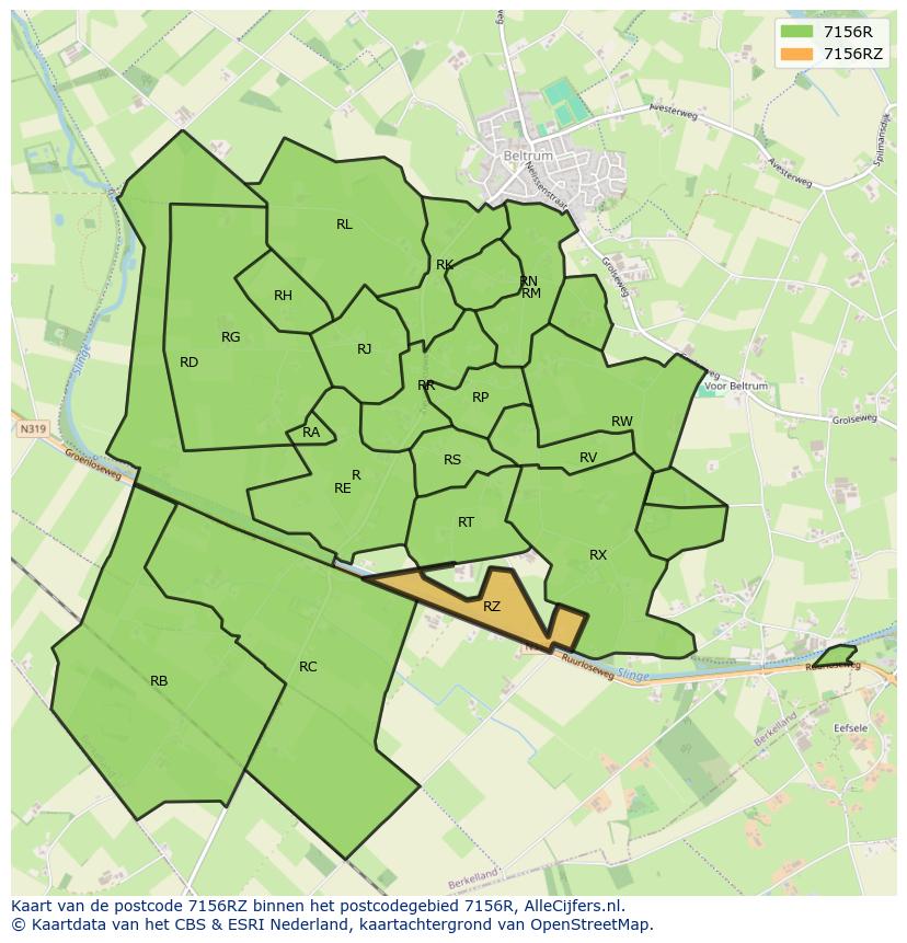 Afbeelding van het postcodegebied 7156 RZ op de kaart.