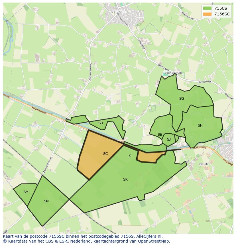 Afbeelding van het postcodegebied 7156 SC op de kaart.
