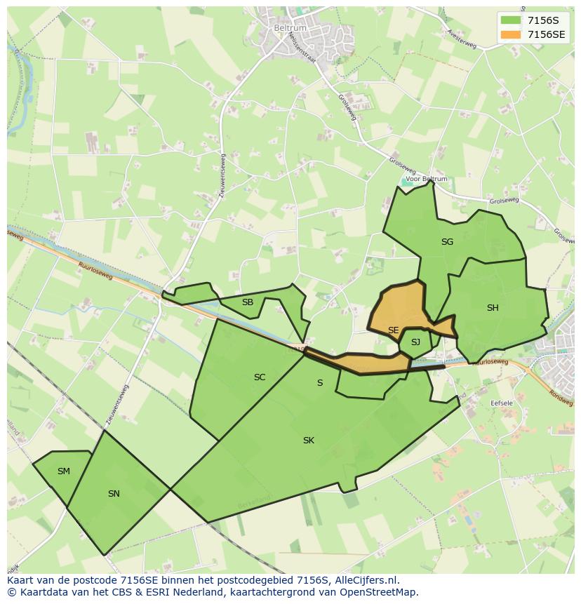 Afbeelding van het postcodegebied 7156 SE op de kaart.