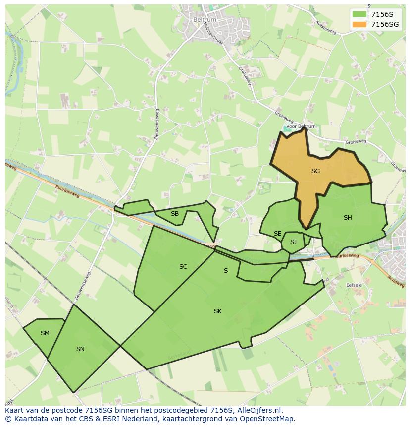 Afbeelding van het postcodegebied 7156 SG op de kaart.
