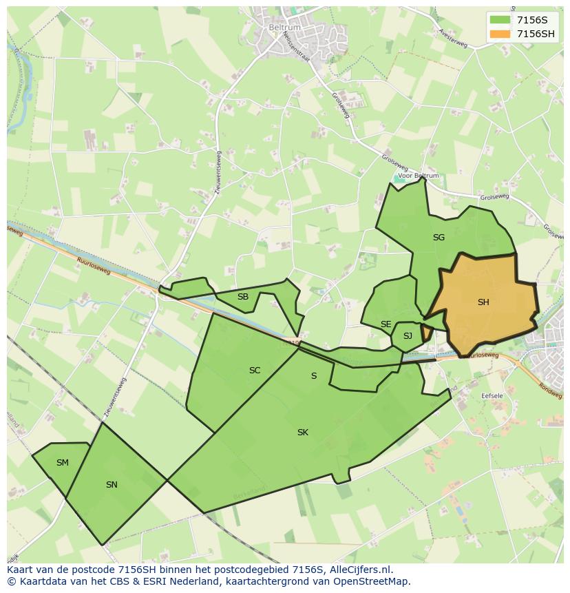 Afbeelding van het postcodegebied 7156 SH op de kaart.