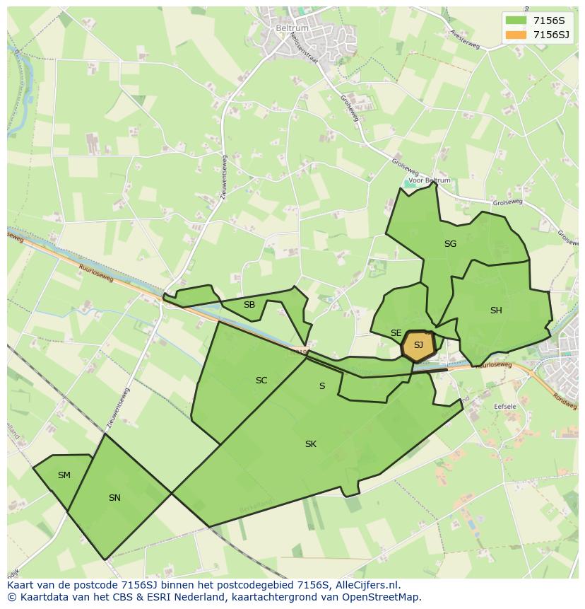 Afbeelding van het postcodegebied 7156 SJ op de kaart.
