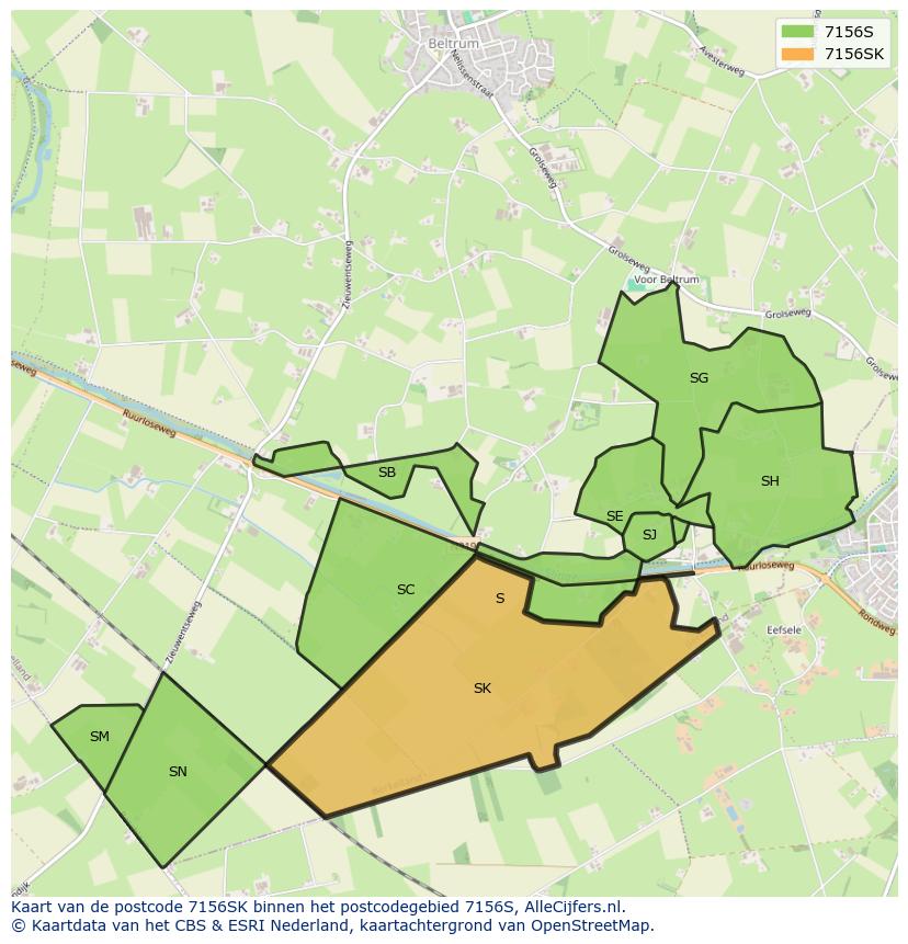 Afbeelding van het postcodegebied 7156 SK op de kaart.