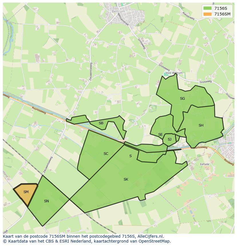 Afbeelding van het postcodegebied 7156 SM op de kaart.