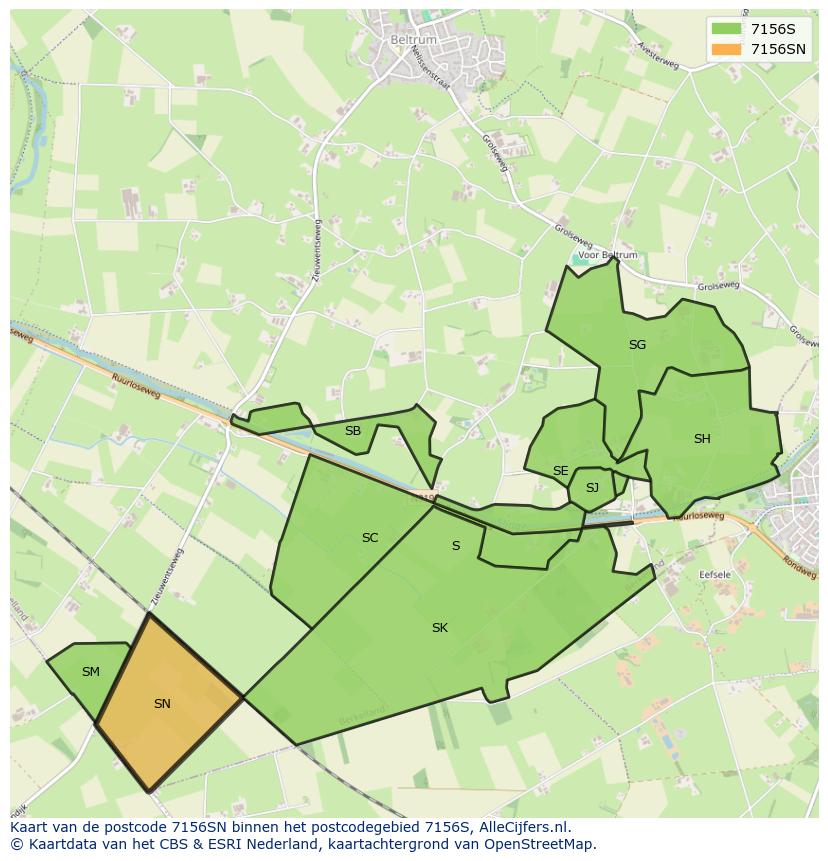 Afbeelding van het postcodegebied 7156 SN op de kaart.