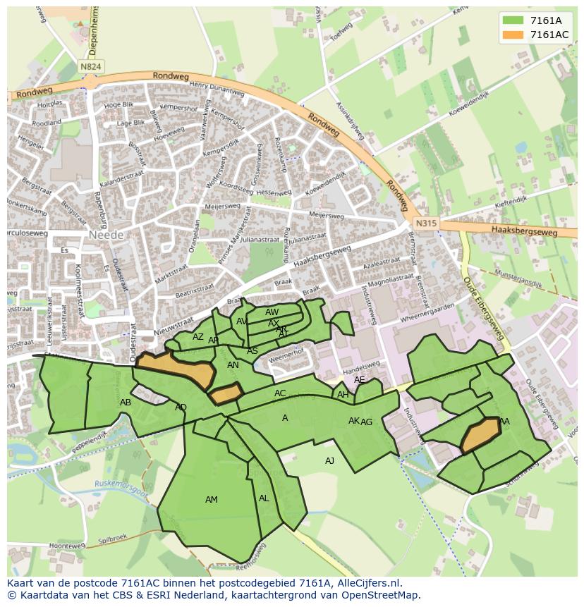Afbeelding van het postcodegebied 7161 AC op de kaart.