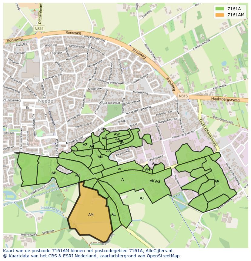 Afbeelding van het postcodegebied 7161 AM op de kaart.